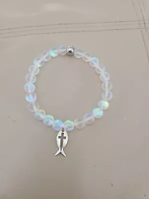 New Handcrafted White/frosted Mermaid Glass Bracelet With Fish/Cross Charm • $21.95