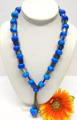 Vintage Brass Blue Pottery & Cane Glass Bead Tassel Pendant Necklace 20  • $6.99