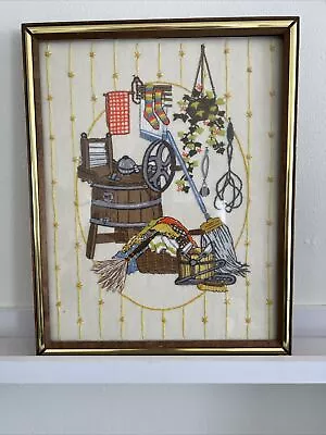 Laundry Wash Room Scene Framed Needlepoint Picture Vintage 15.5 By 12 Inches • $24.99