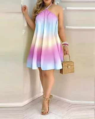 Women Halterneck Collar Beach Sexy Sleeveless Tunic Dress Floral Summer Dress • £9.89