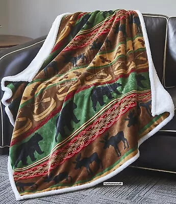 BEAR MOOSE LODGE WILDLIFE FLANNEL SHERPA LUXURY SOFT THROW BLANKET 50 X 60 Inch • $39.95