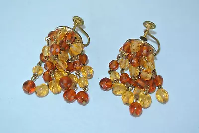 Vtg. Signed W. GERMANY Lucite Amber Cluster Bead Screw Back 1.5  Dangle Earrings • $8.99