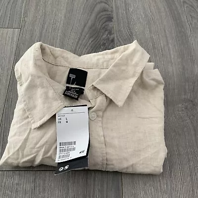 H&M Men Sz Large Beige Slim Fit Casual Button Up Long Sleeve Pocket Shirt • $18.40