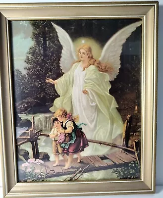 Vintage Art The Guardian Angel By Lindberg In Gold Frame 9 1/8x10 1/8 • $27