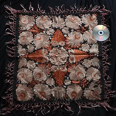 Antique Large Matyo Silk Embroidered Handmade Black Tapestry Scarf Tablecloth • $199