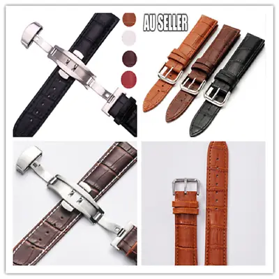 Men Genuine Leather Watch Band Alligator Grain Black Brown Clips/Buckle 2 Styles • $7.99