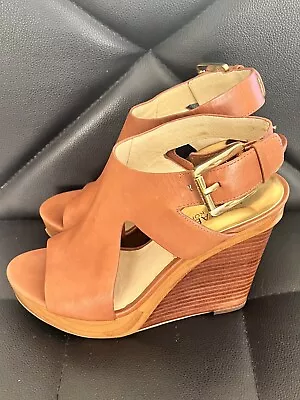 Michael Kors Open Toe Leather Brown Sling Back Shoe Gold Buckle 6M • $35