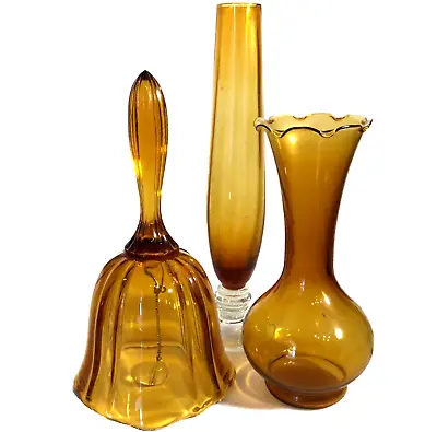 Amber Glass Vases And Bell Lot Of 3 Fluted Swirls Vintage • $22.75