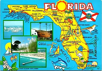 Postcard Map Card Orange Blossoms Boats Beaches Florida Continental B20 • $4.99