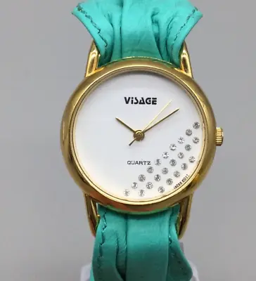 Vintage Visage Watch Women Gold Tone 29mm Bling Dial Teal Blue Band New Battery • $26.99