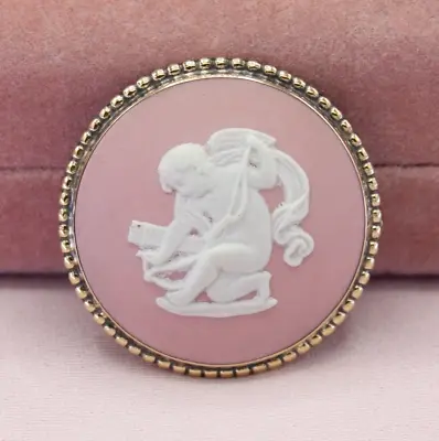 Vintage Gold Over Sterling Silver Pink Wedgewood Jasperware Round Brooch • $74.95