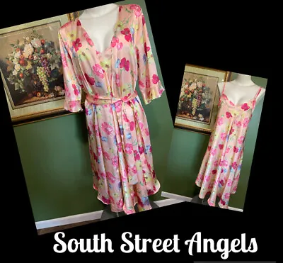 Vintage Wacoal Nightwear ~ Pink Floral Satin Chemise & Robe Peignoir Set ~ Large • $55.30