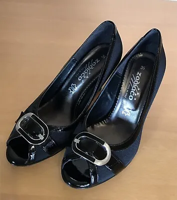 £14.99 • Buy Nwots Uk 3 Zodiaco Black Patent Leather & Fabric Mid/high Heel Peep Toe Shoes