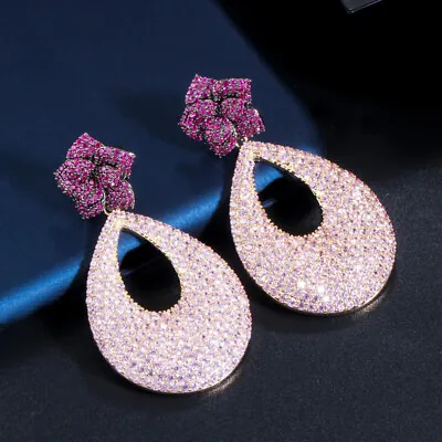 Shining 925 Silver Pink Red Cubic Zircon Big Long Flower Drop Earring For Brides • $14.40