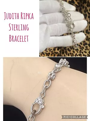 JUDITH RIPKA Signed Sterling Silver 925 & CZ Link Bracelet W/ Heart Clasp • $135