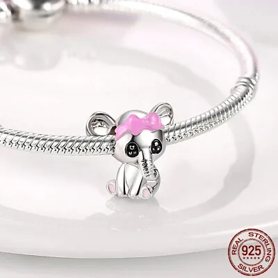 Pink Bow Elephant Charm Gift Sterling Silver 925 Bracelet Bead • £12.99