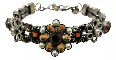 Vintage Signed MARY DEMARCO Silver-tone Amber Brown Crystal Pearl Link Bracelet • $34.99