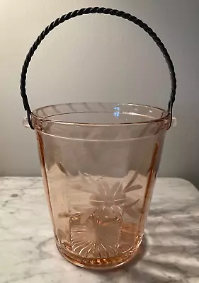 Vintage Pink Depression Glass Ice Bucket Etched Floral Wire Handle 6” Tall • $22