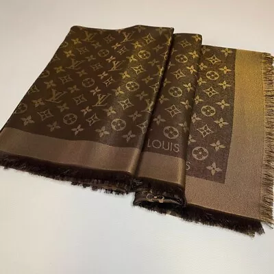 New Louis Vuitton Brown Shine Lurex M75122 Silk/wool Monogram Shawl Scarf • $429