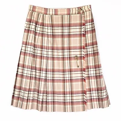 Women's 100% Wool Size 4 Skirt Wrap Pleated Fringe Plaid Kilt Pin Pink Cream • $23.11