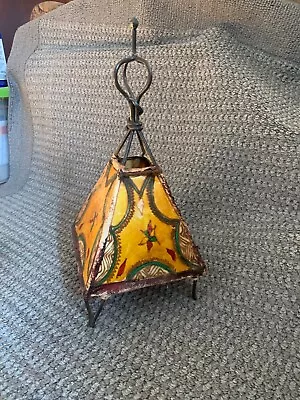 Vintage Hanging Lamp Moroccan Handmade Goat Skin Henna Welded Metal Kitschy • $44