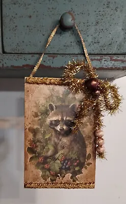 Woodland Animals Aged Shabby Raccoon W/Clay Borders Prim Christmas Orn Handmade • $7.99