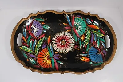 Vintage Mexican Batea Floral Hand Painted Carved Wood Folk Art Oval Serving Tray • $24.99