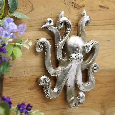 Octopus Silver Resin Wall Hanging Single Hook Coat Scarf Keys Hanger Nautical • £14.95