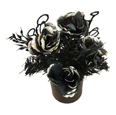 New Old East Main Co. Flower Boquet Black Gold Silver Gray Corrugated Tin Vase • £5.78