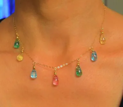 Beautiful Multi Color Gemstone Smooth Pear Dangle Yellow Gold Necklace Handmade • $137.90