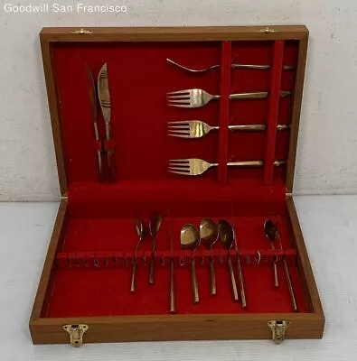 Vintage Lot Of 15 Nickel 3.5 Flatware Set Gold-Tone With Wooden Storage Box • $14.99
