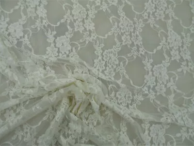 Embroidered Stretch Lace Apparel Fabric Sheer Metallic Floral Eggshell DD200 • $2.99