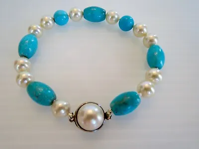 Newly Strung! MAJORICA PEARLS & NATURAL TURQUOISE BEADS BRACELET 7.25  Length • $225