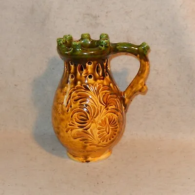 Signed PUZZLE JUG Hungarian? Pottery Motto Ware 8  Drip Glaze Pierced Mug Wine  • $89.95