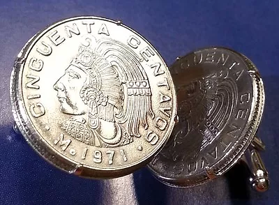 Vintage Mexican Aztec Last Emperor Cuauhtémoc Mexico Large Coin Cufflinks + Box! • $21.95