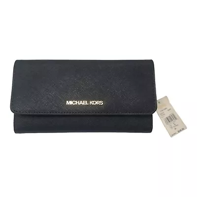 Michael Kors Jet Set Travel Large Trifold Wallet Black Saffiano Leather • $49.99