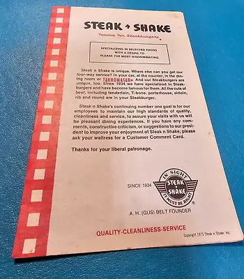 1975 Steak N Shake Vintage Menu Steakburger Chili Three Ways Takhomasak • $49.95