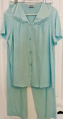 VTG Vanity Fair Pajama Set Large Aqua Green Pants Short Sleeve Top USA MADE • $16