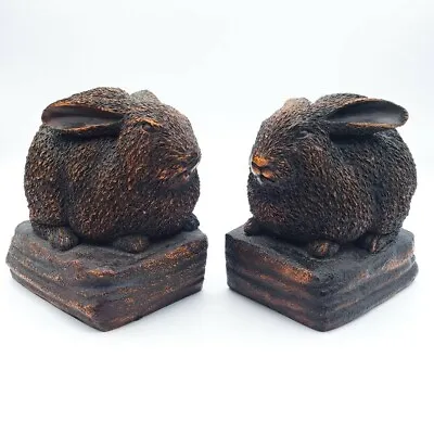 Bunny Rabbit Bookends Heavy Cast Stained Resin Woodland Brown Copper Tone • $39.99