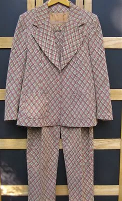 Unusual 70's Or 80's Mr Dino Tailored Pant Suit- Tan/Red/Navy Plaid Marked 18 • $79.99