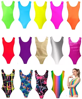 Adult Ladies 80s Fluro Neon Print Metallic Disco Party Costume High Cut Leotard  • $25.99