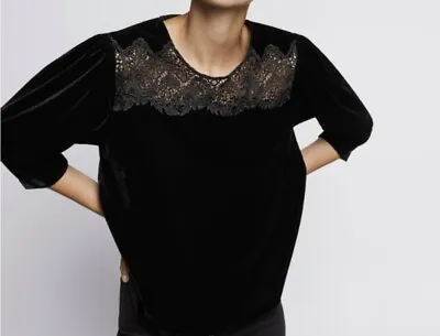 $19.99 • Buy Zara Woman Velvet Lace Yoke Top Blouse Size Medium Black Velour Keyhole Back