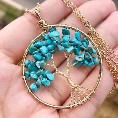 Turquoise Gem Tree Of Life Water-Drop Necklace Chakra Reiki Healing Amulet • $0.71