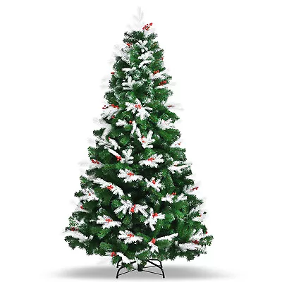 Costway 7ft Unlit Snowy Hinged Christmas Tree W/ 1180 Mixed Tips & Red Berries • $49.99