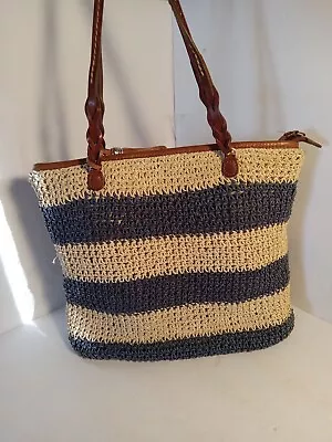 Brighton Woven Handbag Blue & White Leather Straps Silvertone Hardware. • $14.47