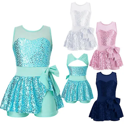 UK Kids Girls Shiny Sequins Latin Jazz Tap Dance Leotard Dress Dancewear Costume • £17.20