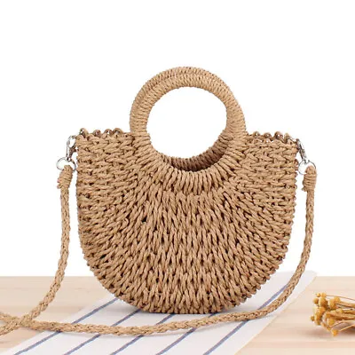 Women Boho Woven Handbag Beach Summer Tote Straw Bag Round Rattan Shoulder Bag • £11.66