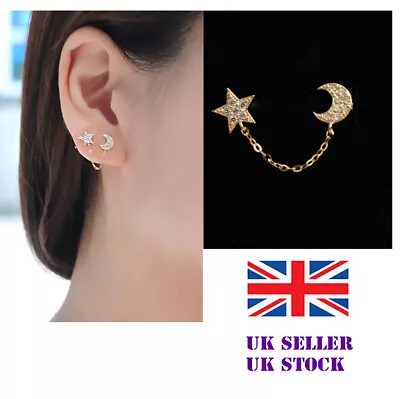 £3.49 • Buy Double Lobe Piercing Earring Chain Studs For Two Holes Moon Star 925 Silver Pin