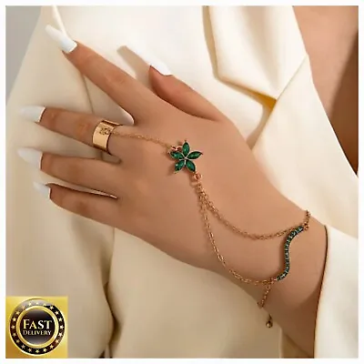Indian Finger Gold Ring Hand Harness Rhinestone Flower Bracelet Fashion Boho • £4.99
