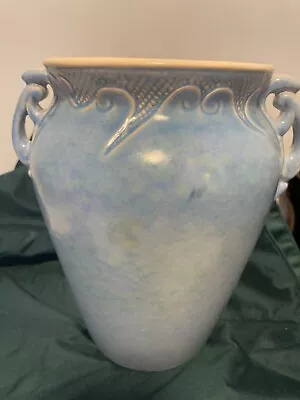VTG Weller Pottery Neiska Art Deco Scrolled Handle Blue Vase 30s 40s • $80
